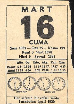 16 Mart 1962 Takvim Yaprağı - Doğum Günü Hediyesi EFM(N)11473 - 1