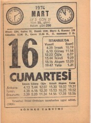 16 Mart 1974 Takvim Yaprağı EFM(N)5895 - Gökçekoleksiyon