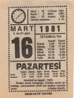 16 Mart 1981 Takvim Yaprağı EFM(N)6018 - 3