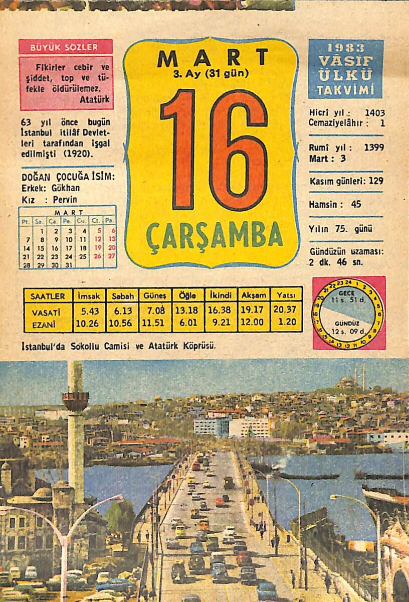 16 Mart 1983 Takvim Yaprağı - Doğum Günü Hediyesi EFMN15035 - 1