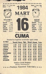 16 Mart 1984 Takvim Yaprağı - Doğum Günü Hediyesi EFM(N)11311 - Gökçekoleksiyon