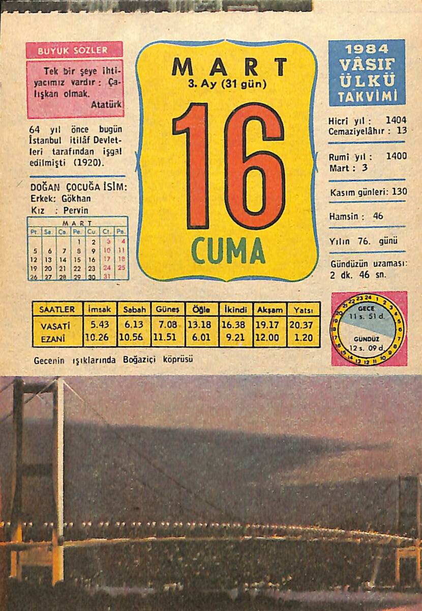 16 Mart 1984 Takvim Yaprağı - Doğum Günü Hediyesi EFMN15206 - 1