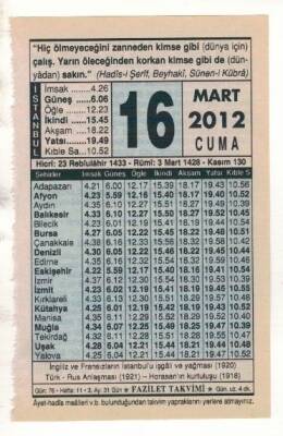 16 Mart 2012 Takvim Yaprağı EFM(N)1886 - 1