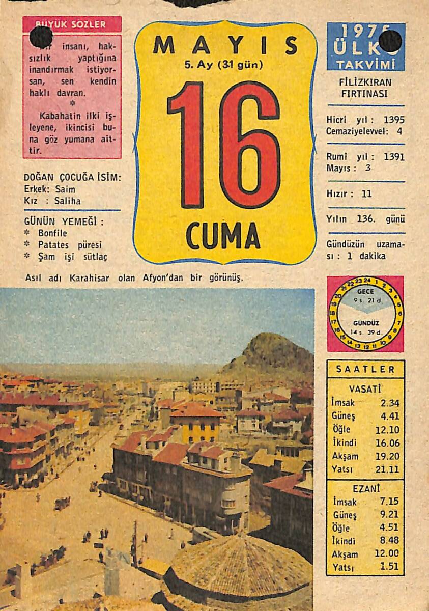 16 Mayıs 1975 Takvim Yaprağı - Doğum Günü Hediyesi EFMN13774 - 1