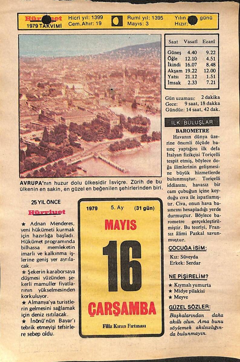 16 Mayıs 1979 Takvim Yaprağı - Doğum Günü Hediyesi EFMN14486 - 1
