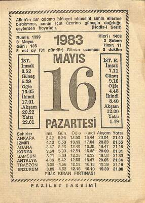 16 Mayıs 1983 Takvim Yaprağı - Doğum Günü Hediyesi EFM(N)12385 - 1