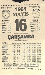 16 Mayıs 1984 Takvim Yaprağı - Doğum Günü Hediyesi EFM(N)11309 - Gökçekoleksiyon