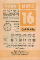 16 Mayıs 1984 Takvim Yaprağı EFM(N)6225 - Gökçekoleksiyon