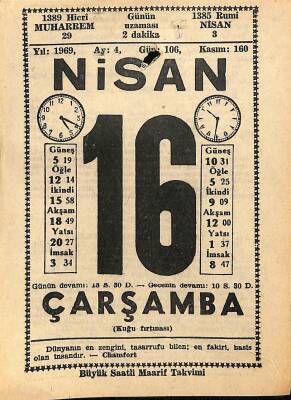 16 Nisan 1969 Takvim Yaprağı - Doğum Günü Hediyesi EFM(N)10977 - 1