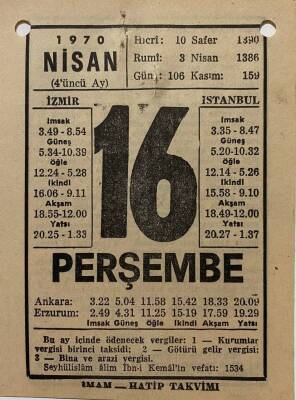 16 Nisan 1970 Takvim Yaprağı - Doğum Günü Hediyesi EFM(N)8271 - 2