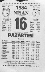 16 Nisan 1984 Takvim Yaprağı - Doğum Günü Hediyesi EFM(N)11331 - Gökçekoleksiyon