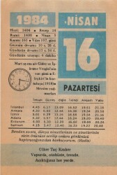 16 Nisan 1984 Takvim Yaprağı EFM(N)6195 - Gökçekoleksiyon