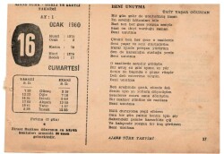 16 Ocak 1960 Ajans Türk Takvim Yaprağı(Şiirli Saatli) EFM(N)1094 - 1