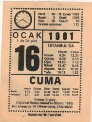 16 Ocak 1981 Takvim Yaprağı EFM(N)4662 - Gökçekoleksiyon