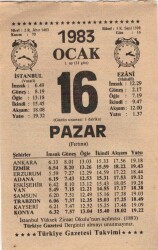 16 Ocak 1983 Takvim Yaprağı EFM(N)4569 - Gökçekoleksiyon