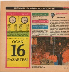 16 Ocak 1984 Takvim Yaprağı EFM(N)4631 - Gökçekoleksiyon