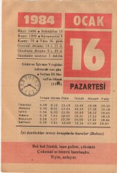 16 Ocak 1984 Takvim Yaprağı EFM(N)4755 - Gökçekoleksiyon