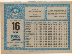 16 Ocak 1988 Takvim Yaprağı EFM(N)4910 - Gökçekoleksiyon