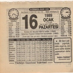 16 Ocak 1989 Takvim Yaprağı EFM(N)4724 - Gökçekoleksiyon