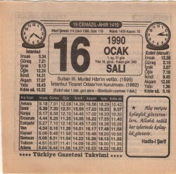 16 Ocak 1990 Takvim Yaprağı EFM(N)4693 - Gökçekoleksiyon