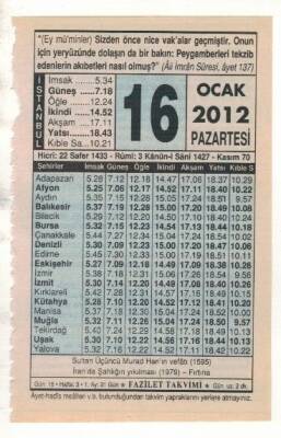 16 Ocak 2012 Takvim Yaprağı EFM(N)1826 - 3