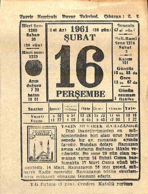 16 Şubat 1961 Takvim Yaprağı - Doğum Günü Hediyesi EFM(N)11226 - 1