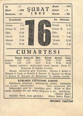 16 Şubat 1963 Takvim Yaprağı - Doğum Günü Hediyesi EFM(N)11400 - 1