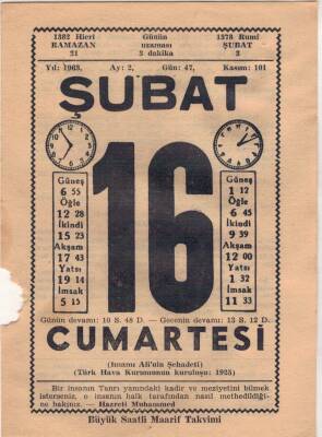 16 Şubat 1963 Takvim Yaprağı EFM(N)5701 - 3