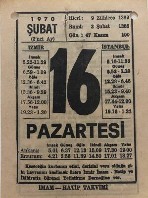 16 Şubat 1970 Takvim Yaprağı - Doğum Günü Hediyesi EFM(N)7766 - 1