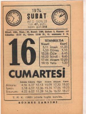 16 Şubat 1974 Takvim Yaprağı EFM(N)5255 - 1