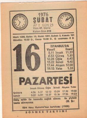 16 Şubat 1976 Takvim Yaprağı EFM(N)5282 - 1
