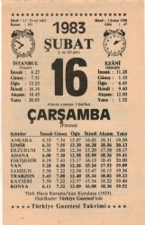 16 Şubat 1983 Takvim Yaprağı EFM(N)5396 - Gökçekoleksiyon