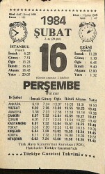 16 Şubat 1984 Takvim Yaprağı - Doğum Günü Hediyesi EFM(N)11806 - Gökçekoleksiyon