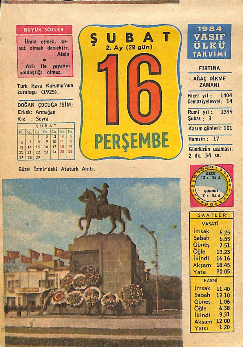 16 Şubat 1984 Takvim Yaprağı - Doğum Günü Hediyesi EFMN15226 - 1