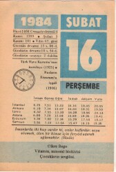 16 Şubat 1984 Takvim Yaprağı EFM(N)5339 - Gökçekoleksiyon