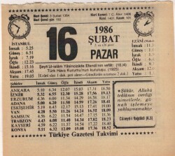 16 Şubat 1986 Takvim Yaprağı EFM(N)5227 - Gökçekoleksiyon