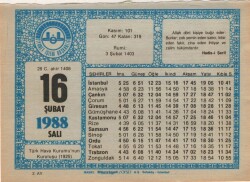 16 Şubat 1988 Takvim Yaprağı EFM(N)5506 - Gökçekoleksiyon