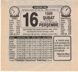 16 Şubat 1989 Takvim Yaprağı EFM(N)5368 - Gökçekoleksiyon