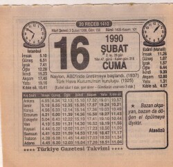16 Şubat 1990 Takvim Yaprağı EFM(N)5199 - Gökçekoleksiyon