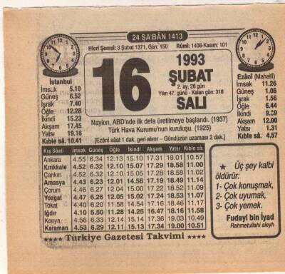 16 Şubat 1993 Takvim Yaprağı EFM(N)5311 - 1