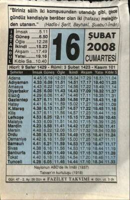 16 Şubat 2008 Takvim Yaprağı - Doğum Günü Hediyesi EFM(N)7540 - 1
