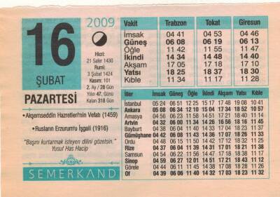 16 Şubat 2009 Takvim Yaprağı EFM(N)5621 - 3