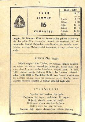 16 Temmuz 1960 Takvim Yaprağı - Doğum Günü Hediyesi EFM(N)11350 - 1