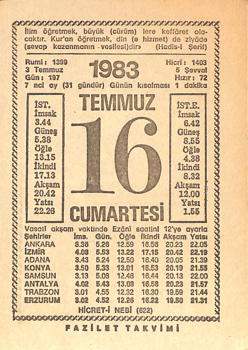 16 Temmuz 1983 Takvim Yaprağı - Doğum Günü Hediyesi EFMN15406 - 1