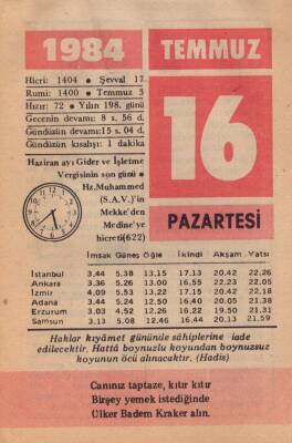 16 Temmuz 1984 Takvim Yaprağı EFM(N)2021 - 1