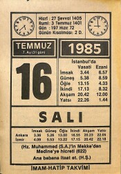 16 Temmuz 1985 Takvim Yaprağı - Doğum Günü Hediyesi EFMN15728 - Gökçekoleksiyon