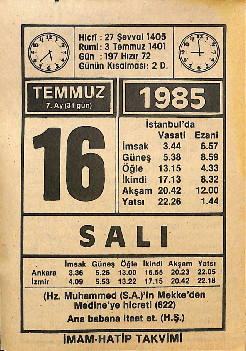 16 Temmuz 1985 Takvim Yaprağı - Doğum Günü Hediyesi EFMN15728 - 1