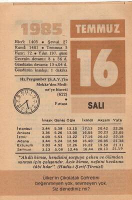 16 Temmuz 1985 Takvim Yaprağı EFM(N)2022 - 1