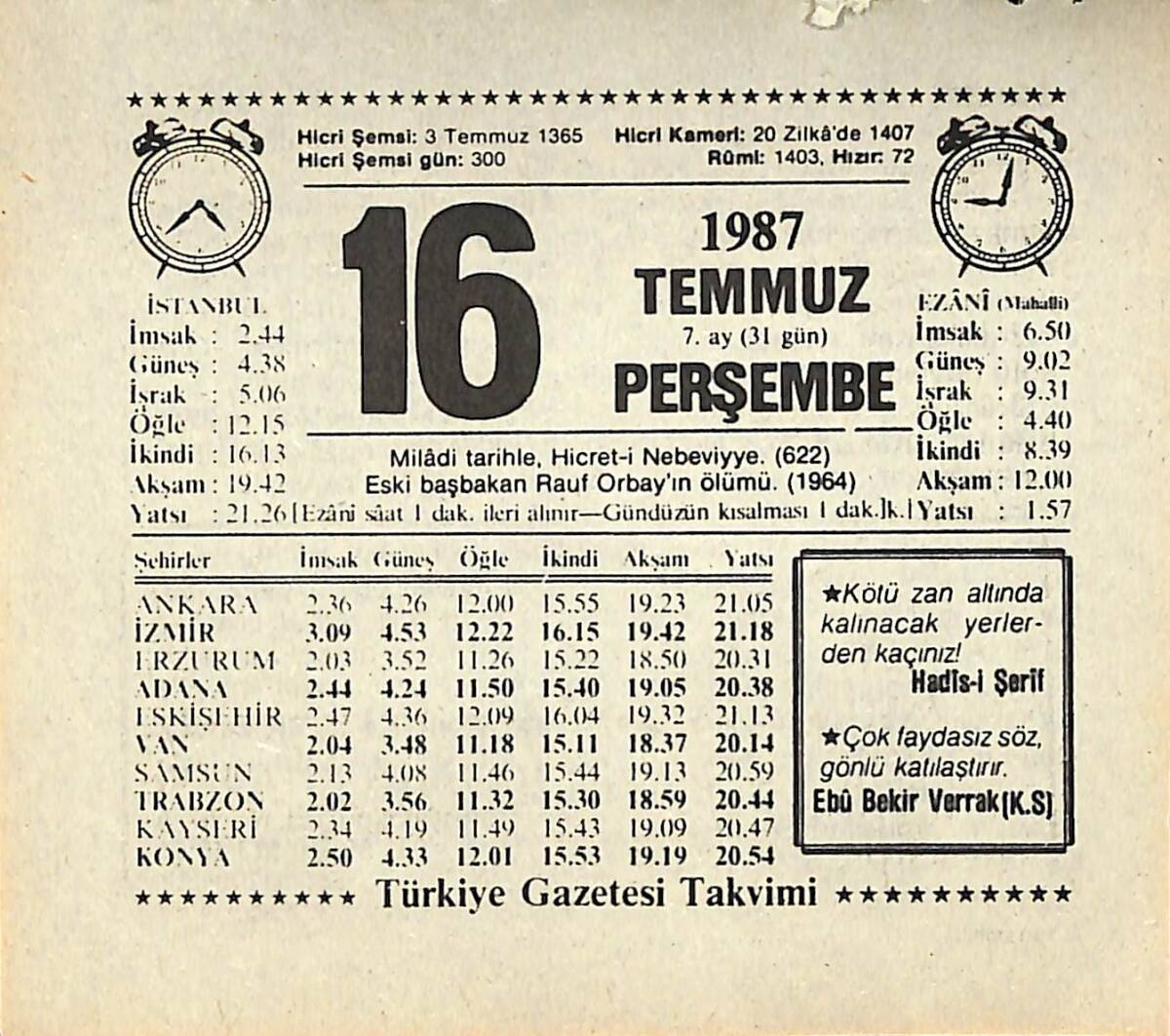 16 Temmuz 1987 Takvim Yaprağı - Doğum Günü Hediyesi EFMN13828 - 1