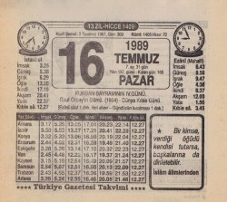 16 Temmuz 1989 Takvim Yaprağı EFM(N)2025 - 1